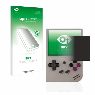 Vorderseite einer Produktverpackung mit dem Markenlogo upscreen. Daneben ist das Gerät Anbernic RG35XX mit dem zugehörigen Dis