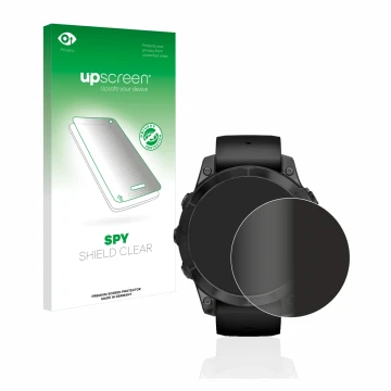 Vorderseite einer Produktverpackung mit dem Markenlogo upscreen. Daneben ist das Gerät Garmin Epix Pro (Gen 2) (47 mm) mit dem
