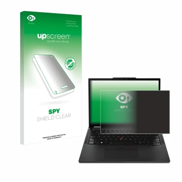 Vorderseite einer Produktverpackung mit dem Markenlogo upscreen. Daneben ist das Gerät Lenovo ThinkPad X13 Gen 4 mit dem zugeh