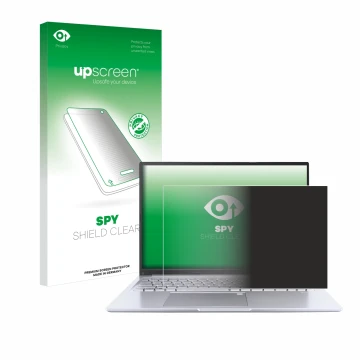 Vorderseite einer Produktverpackung mit dem Markenlogo upscreen. Daneben ist das Gerät ASUS Vivobook 16 M1605 mit dem zugehöri