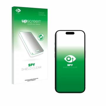Vorderseite einer Produktverpackung mit dem Markenlogo upscreen. Daneben ist das Gerät Apple iPhone 15 mit dem zugehörigen Dis