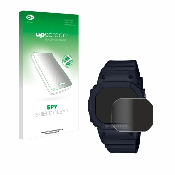 Vorderseite einer Produktverpackung mit dem Markenlogo upscreen. Daneben ist das Gerät Casio G-Shock GMD-S5600 mit dem zugehör