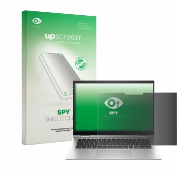 Vorderseite einer Produktverpackung mit dem Markenlogo upscreen. Daneben ist das Gerät HP EliteBook x360 1040 G10 mit dem zuge