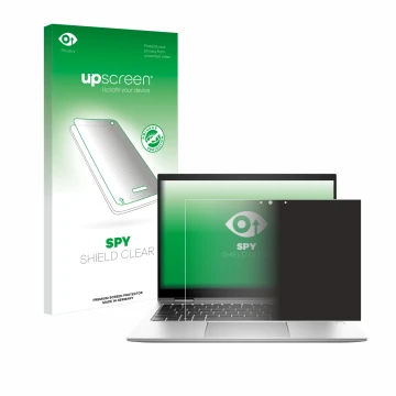 Vorderseite einer Produktverpackung mit dem Markenlogo upscreen. Daneben ist das Gerät HP EliteBook x360 830 G10 mit dem zugeh