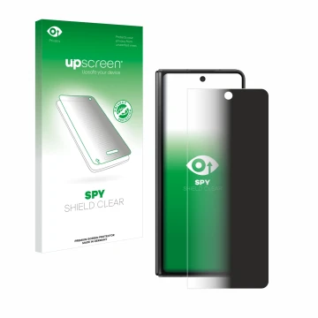 Vorderseite einer Produktverpackung mit dem Markenlogo upscreen. Daneben ist das Gerät Samsung Galaxy Z Fold 5 mit dem zugehör