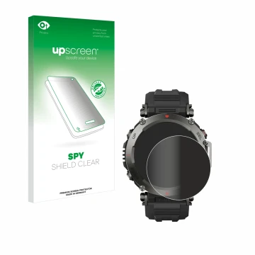 Vorderseite einer Produktverpackung mit dem Markenlogo upscreen. Daneben ist das Gerät Huami Amazfit T-Rex Ultra mit dem zugeh