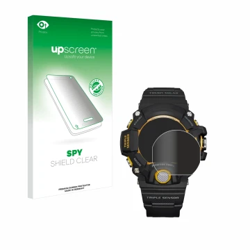 Vorderseite einer Produktverpackung mit dem Markenlogo upscreen. Daneben ist das Gerät Casio G-Shock GW-9400Y-1 mit dem zugehö