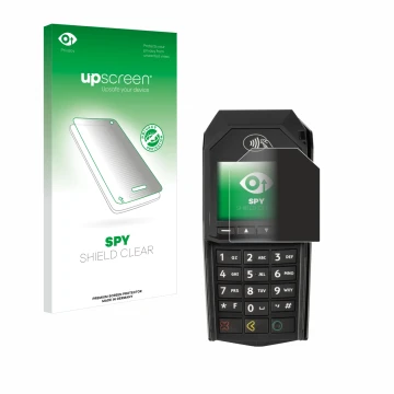 Vorderseite einer Produktverpackung mit dem Markenlogo upscreen. Daneben ist das Gerät ingenico Lane/3000 (non-touch) mit dem 