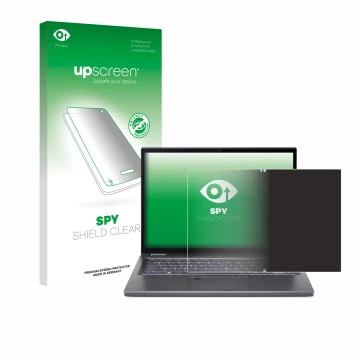 Vorderseite einer Produktverpackung mit dem Markenlogo upscreen. Daneben ist das Gerät Acer Aspire 5 Spin 14 mit dem zugehörig