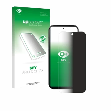 Vorderseite einer Produktverpackung mit dem Markenlogo upscreen. Daneben ist das Gerät Fairphone 5 mit dem zugehörigen Display