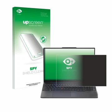 Vorderseite einer Produktverpackung mit dem Markenlogo upscreen. Daneben ist das Gerät Lenovo ThinkPad E16 Gen 1 mit dem zugeh