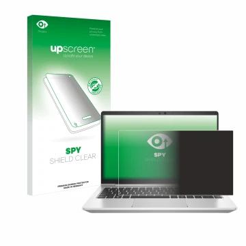 Vorderseite einer Produktverpackung mit dem Markenlogo upscreen. Daneben ist das Gerät HP EliteBook 645 G10 mit dem zugehörige