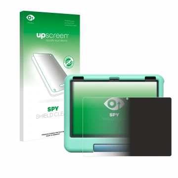 Vorderseite einer Produktverpackung mit dem Markenlogo upscreen. Daneben ist das Gerät Amazon Fire HD 10 Kids 2023 mit dem zug