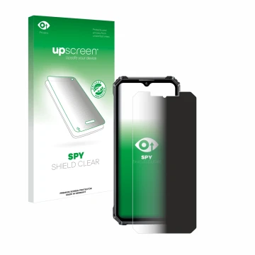 Vorderseite einer Produktverpackung mit dem Markenlogo upscreen. Daneben ist das Gerät Oukitel WP28 mit dem zugehörigen Displa