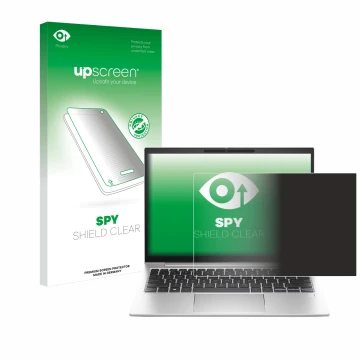 Vorderseite einer Produktverpackung mit dem Markenlogo upscreen. Daneben ist das Gerät HP EliteBook 830 G10 Laptop-PC mit dem 