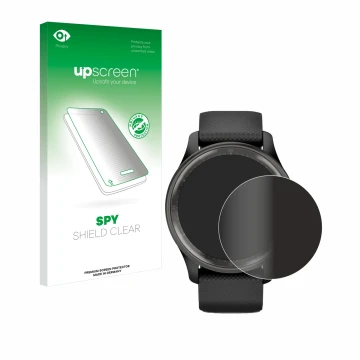 Vorderseite einer Produktverpackung mit dem Markenlogo upscreen. Daneben ist das Gerät Garmin Vivomove Trend mit dem zugehörig