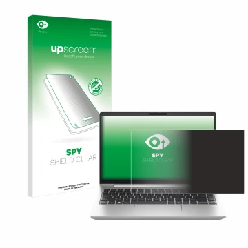 Vorderseite einer Produktverpackung mit dem Markenlogo upscreen. Daneben ist das Gerät HP ProBook 445 G10 mit dem zugehörigen 