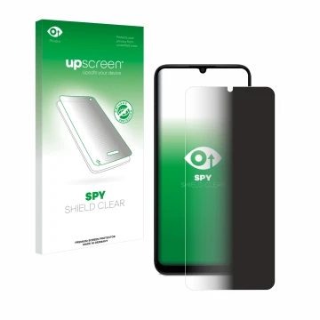 Vorderseite einer Produktverpackung mit dem Markenlogo upscreen. Daneben ist das Gerät Samsung Galaxy A04 mit dem zugehörigen 