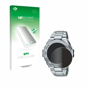 Vorderseite einer Produktverpackung mit dem Markenlogo upscreen. Daneben ist das Gerät Casio G-Shock GST-B500D-1A mit dem zuge