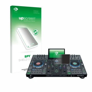 Vorderseite einer Produktverpackung mit dem Markenlogo upscreen. Daneben ist das Gerät Denon DJ Prime 4+ mit dem zugehörigen D