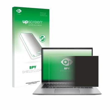 Vorderseite einer Produktverpackung mit dem Markenlogo upscreen. Daneben ist das Gerät HP Zbook Firefly 14 G10 mit dem zugehör