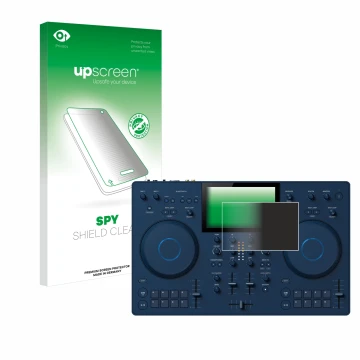 Vorderseite einer Produktverpackung mit dem Markenlogo upscreen. Daneben ist das Gerät AlphaTheta OMNIS-Duo mit dem zugehörige