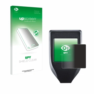 Vorderseite einer Produktverpackung mit dem Markenlogo upscreen. Daneben ist das Gerät Trezor Model T mit dem zugehörigen Disp