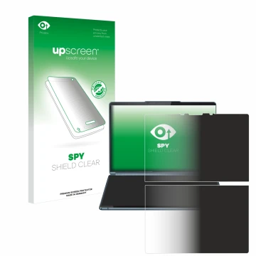 Vorderseite einer Produktverpackung mit dem Markenlogo upscreen. Daneben ist das Gerät Lenovo Yoga Book 9i Gen 9 mit dem zugeh