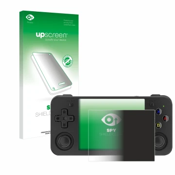 Vorderseite einer Produktverpackung mit dem Markenlogo upscreen. Daneben ist das Gerät Anbernic RG35XX H mit dem zugehörigen D