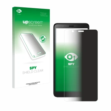 Vorderseite einer Produktverpackung mit dem Markenlogo upscreen. Daneben ist das Gerät ZTE Blade A32 mit dem zugehörigen Displ