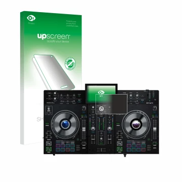 Vorderseite einer Produktverpackung mit dem Markenlogo upscreen. Daneben ist das Gerät Denon DJ Prime 2 mit dem zugehörigen Di