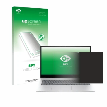 Vorderseite einer Produktverpackung mit dem Markenlogo upscreen. Daneben ist das Gerät HP Envy 17 2024 mit dem zugehörigen Dis