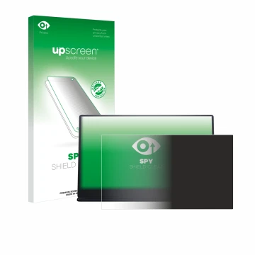 Vorderseite einer Produktverpackung mit dem Markenlogo upscreen. Daneben ist das Gerät Dell P1424H mit dem zugehörigen Display