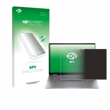 Vorderseite einer Produktverpackung mit dem Markenlogo upscreen. Daneben ist das Gerät HP Envy x360 2-in-1 16 mit dem zugehöri