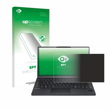 Vorderseite einer Produktverpackung mit dem Markenlogo upscreen. Daneben ist das Gerät Fujitsu Lifebook U9312 mit dem zugehöri