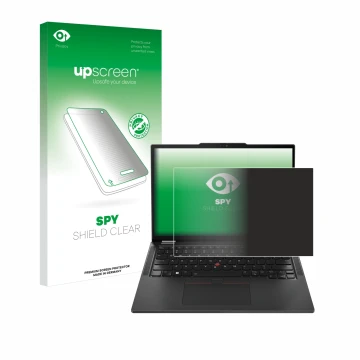 Vorderseite einer Produktverpackung mit dem Markenlogo upscreen. Daneben ist das Gerät Lenovo ThinkPad X13 Gen 5 mit dem zugeh