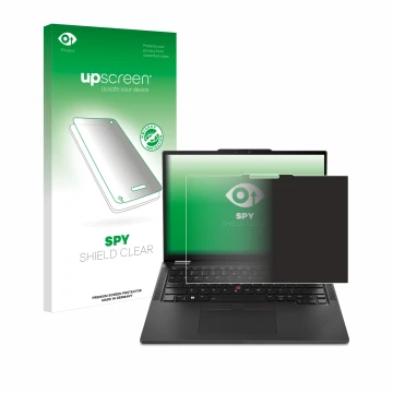 Vorderseite einer Produktverpackung mit dem Markenlogo upscreen. Daneben ist das Gerät Lenovo ThinkPad X13 2-in-1 Gen 5 mit de