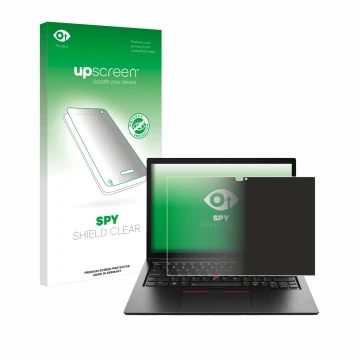 Vorderseite einer Produktverpackung mit dem Markenlogo upscreen. Daneben ist das Gerät Lenovo ThinkPad L13 2-in-1 Gen 5 mit de