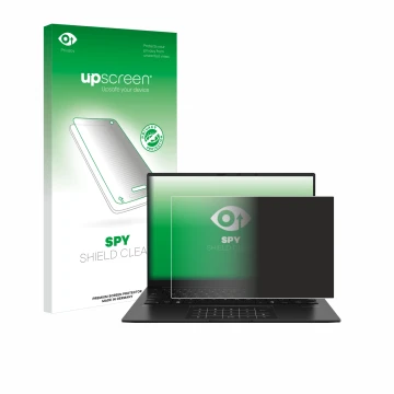 Vorderseite einer Produktverpackung mit dem Markenlogo upscreen. Daneben ist das Gerät ASUS ZenBook 14 OLED UM3406 mit dem zug