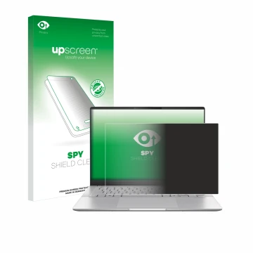 Vorderseite einer Produktverpackung mit dem Markenlogo upscreen. Daneben ist das Gerät ASUS Vivobook S 14 OLED M5406 mit dem z