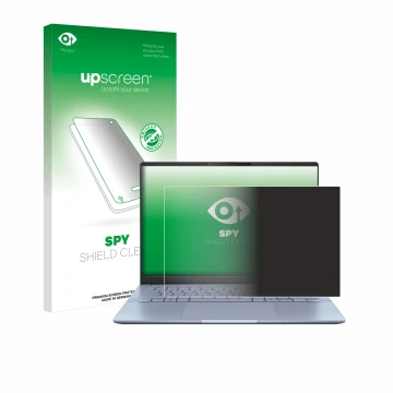 Vorderseite einer Produktverpackung mit dem Markenlogo upscreen. Daneben ist das Gerät ASUS Vivobook S 14 OLED S5406 mit dem z