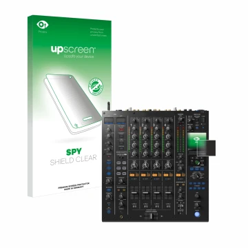 Vorderseite einer Produktverpackung mit dem Markenlogo upscreen. Daneben ist das Gerät Pioneer DJM A9 mit dem zugehörigen Disp