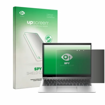 Vorderseite einer Produktverpackung mit dem Markenlogo upscreen. Daneben ist das Gerät HP Elite x360 830 G11 2-in-1 mit dem zu