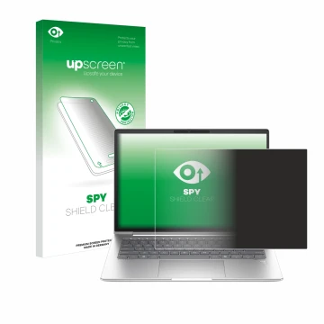 Vorderseite einer Produktverpackung mit dem Markenlogo upscreen. Daneben ist das Gerät HP EliteBook 645 G11 mit dem zugehörige