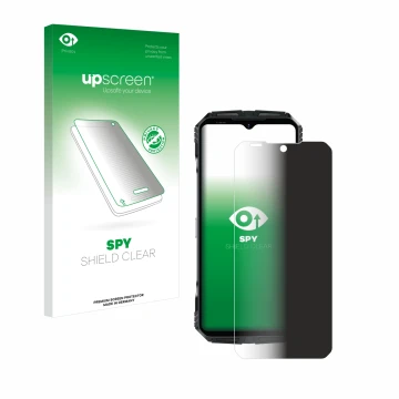 Vorderseite einer Produktverpackung mit dem Markenlogo upscreen. Daneben ist das Gerät Doogee S118 mit dem zugehörigen Display