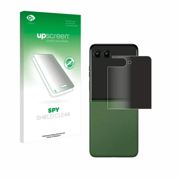 Vorderseite einer Produktverpackung mit dem Markenlogo upscreen. Daneben ist das Gerät Motorola Razr 50 Ultra (Hinteres Displa