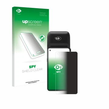 Vorderseite einer Produktverpackung mit dem Markenlogo upscreen. Daneben ist das Gerät Verifone T650c mit dem zugehörigen Disp