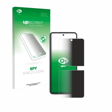 Vorderseite einer Produktverpackung mit dem Markenlogo upscreen. Daneben ist das Gerät Nubia Flip 5G mit dem zugehörigen Displ