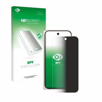 Vorderseite einer Produktverpackung mit dem Markenlogo upscreen. Daneben ist das Gerät Google Pixel 9 Pro Fold mit dem zugehör