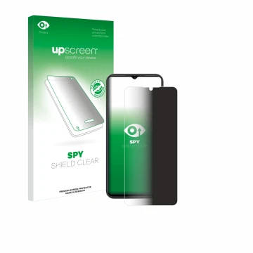 Vorderseite einer Produktverpackung mit dem Markenlogo upscreen. Daneben ist das Gerät ZTE Blade A54 mit dem zugehörigen Displ